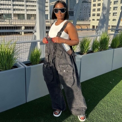Denim Women Overalls Solid Casual Cargo Jeans With Big Pocket 2023 Summer High Streetwear Baggy Trouser