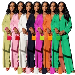 Pleated Women's Sexy Solid Suit 2 Piece Outfits Office Long Sleeve Shirt Tops Loose Sets Casual Wide Leg Pants Streetwear Sets
