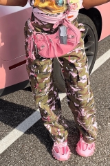 S6931 New Classic Fashionable High Waist Wide Leg Pants Pocket Cargo Pink Camouflage Pants