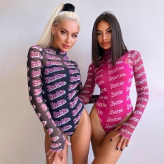 long sleeve letter printed jumpsuits playsuits bodysuits 2023 turtleneck mesh one piece bodysuit women's clothing