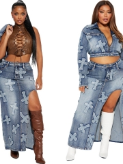 2024-Denim Two Piece Set Women Hipster Lapel Long Sleeve zipper Jackets and Skirt Matching Fall