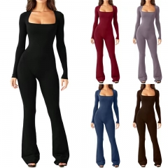 2024 Women High Stretched Square Neck Long Sleeve Flare Pants Workout Jumpsuit