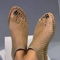rhinestone mesh stretch sandals round toe hollow fishnet shoes sock boots 2024 fashion women sandals flat shoes