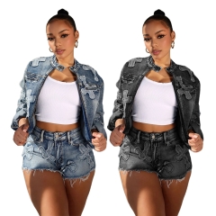 Hot selling spring summer 2024 clothes causal denim jacket sexy mini short sets embroidery cross stretch women's sets