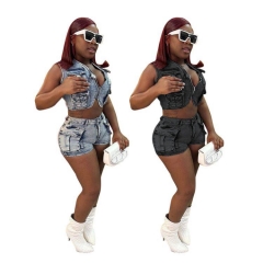 New fashion 2024 spring summer clothes stretch jean shorts pockets sleeveless jean vest 2 piece sets casual women's sets