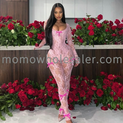2024 Summer New Sexy Mesh Bow Perspective Slim Fit Long sleeved jumpsuit