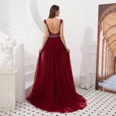 A Line Red Appliques Beaded Evening Dresses Party Elegant Gowns