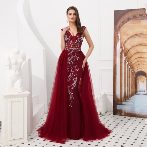 A Line Red Appliques Beaded Evening Dresses Party Elegant Gowns