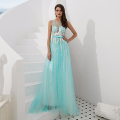 Aline Blue Appliques Beaded Party Elegant Gowns Prom Dresses