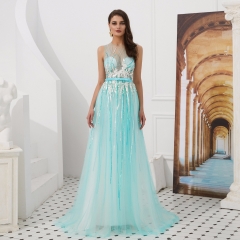 Aline Blue Appliques Beaded Party Elegant Gowns Prom Dresses