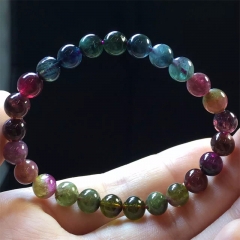 Natural Genuine Mix Colorful Rainbow Purple Red Pink Green Blue Tourmaline Multi-color Stretch Bracelet Round Beads 7mm 04425