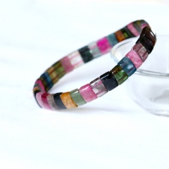 High Quality Natural Genuine Colorful Purple Green Pink Blue Tourmaline Multi-color Stretch Bracelet Flat Rectangle Beads 05024