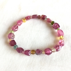 High Quality Brazil Natural Genuine Clear Colorful Purple Pink Red Yellow Tourmaline Multi-color Bracelet Nugget Round beads 5x7mm 05162