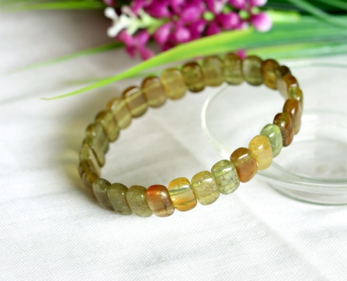 Natural Genuine Clear Cat's Eye Yellow Green Tourmaline Stretch Bracelet Rectangle Beads 03602