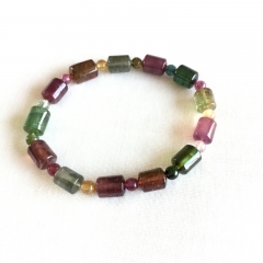 AAA High Quality Brazil Natural Genuine  Colorful Purple Green Pink Blue Tourmaline Multi-color Bracelet Tube Round beads 8x10m 05174