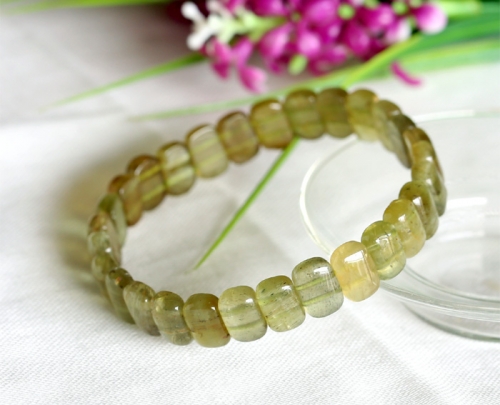 Natural Genuine Clear Cat's Eye Yellow Green Tourmaline Stretch Bracelet Rectangle Beads 6x10mm 03603