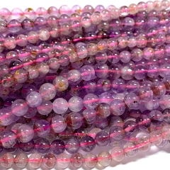 15.5“ Veemake Natural Genuine Purple Red Yellow Cacoxenite Round Loose Gemstone Jewelry Beads Making Necklaces Bracelets  07048