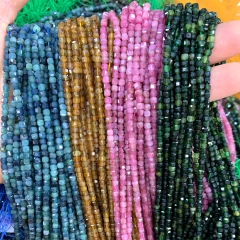 15.5 " Veemake Natural Blue Red Pink Green Tourmaline Edge Cube Faceted Small Jewelry Design Necklaces Bracelets Loose Beads 07514