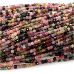 15.5 " Veemake Natural Pink Red Green Yellow Pink Tourmaline Edge Cube Faceted Small Jewelry Design Necklaces Bracelets Loose Beads 07989