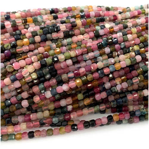 15.5 " Veemake Natural Pink Red Green Yellow Pink Tourmaline Edge Cube Faceted Small Jewelry Design Necklaces Bracelets Loose Beads 07989