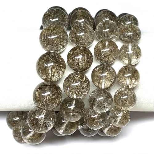High Quality Natural Genuine Silver Rutile Needle Hair Quartz Men's Bracelet Bracelets Round Loose Beads 08423