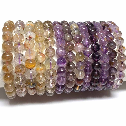 Veemake Natural Genuine Yellow Cacoxenite Auralite Super 23 Crystal Bracelet Round Loose Beads 08449