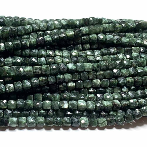 15.5 " Veemake Natural Stone Real Genuine Green Seraphinite Cube Faceted Small Jewelry Necklaces Bracelets Beads 08488