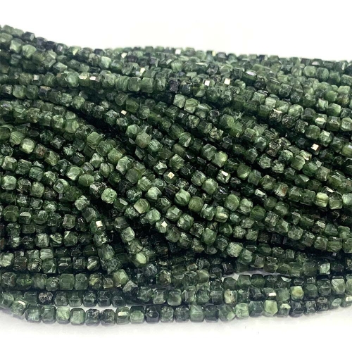 Veemake Natural Stone Genuine Green Seraphinite Edge Cube Faceted Small Jewelry Necklaces Bracelets Loose Small Beads 08505