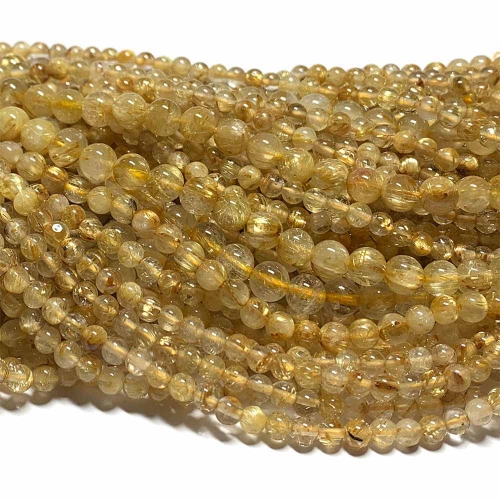 Natural Genuine Yellow Gold Hair Rutilated Needle Quartz Round Loose Beads 4-8mm 08493