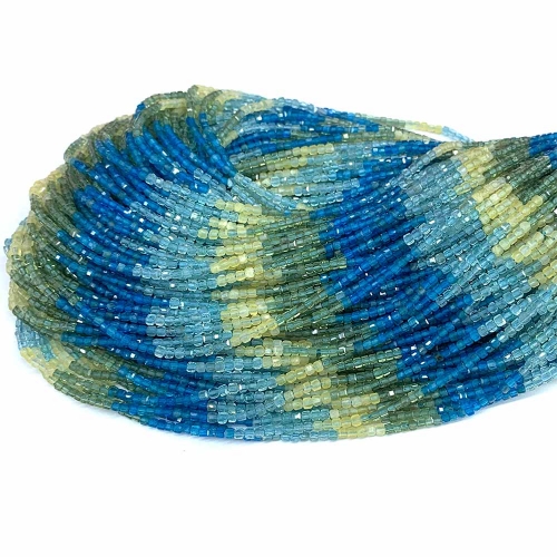 15.5 " Veemake Natural Genuine Yellow Green Blue Apatite Faceted Small Edge Cube Loose Jewelry Beads 08541
