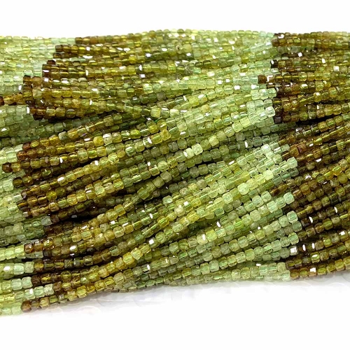 15.5 " Veemake Natural Genuine Yellow Green Garnet Tsavorite Faceted Small Edge Cube Loose Jewelry Beads 08530