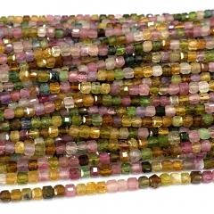 15.5 " Veemake Natural Genuine Yellow Green Pink Tourmaline Faceted Small Edge Cube Loose Jewelry Beads 08588