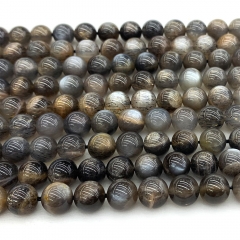 AAA High Quality Real Genuine Natural Gray Black Gold Sunstone  flash light Round Loose Gemstone Ball Beads 15.5" 08591