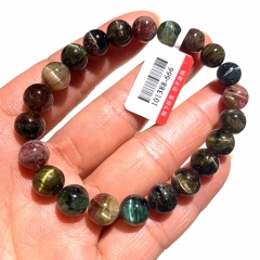 Valentines Gift Natural Genuine Mix Colorful Cat Eye Light Tourmaline Multi-color Stretch Bracelet Round Beads 8mm 101388