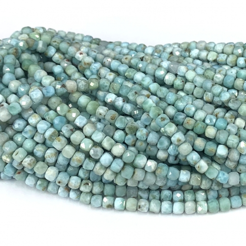 15.5 " Veemake Natural Stone Real Genuine White Blue Larimar Cube Faceted Small Jewelry Beads 08617