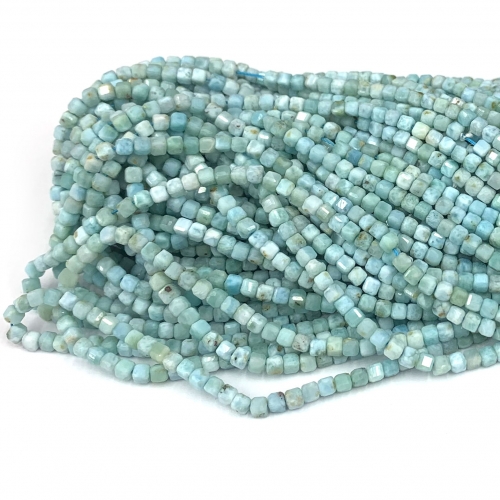 15.5 " Veemake Natural Stone Real Genuine White Blue Larimar Edge Cube Faceted Small Jewelry Beads 08616