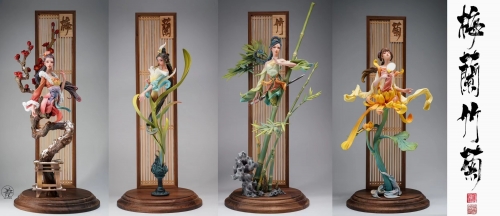 (In Stock) Set of 4 Plum blossom & Orchid & Bamboo & Chrysanthemum By Yuan Xingliang Painted Resin Statue