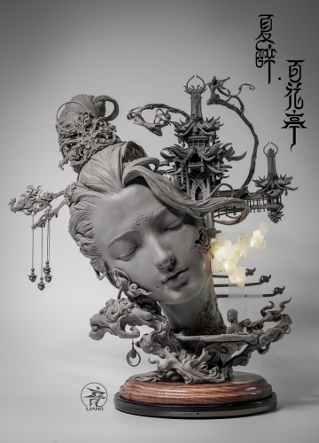 (Pre-order Closed) Summer Drunk - Hundred Flowers Pavilion Artwork by Yuan Xingliang (Grey Model/Unpainted version)