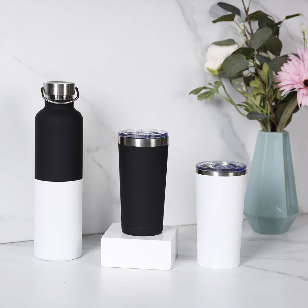 1000ml Rubber Painted Sport Bottle Big Vacuum Flask Stainless Steel Black & White Bottle