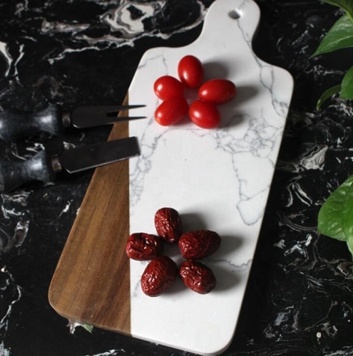 Rectangle Shape Wood and Marble Cheese Board White Color Marble Wood Cutting Board with Handle