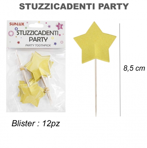 Stuzzicadenti party stella oro 12 pezzi 8.5cm