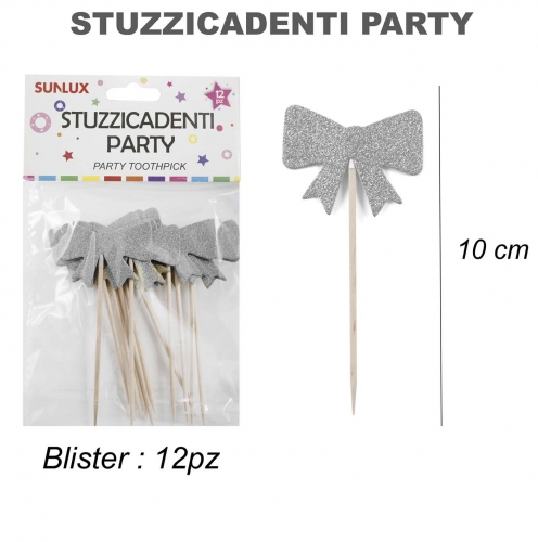 Stuzzicadenti party fiocco argentato 12 pezzi 10cm