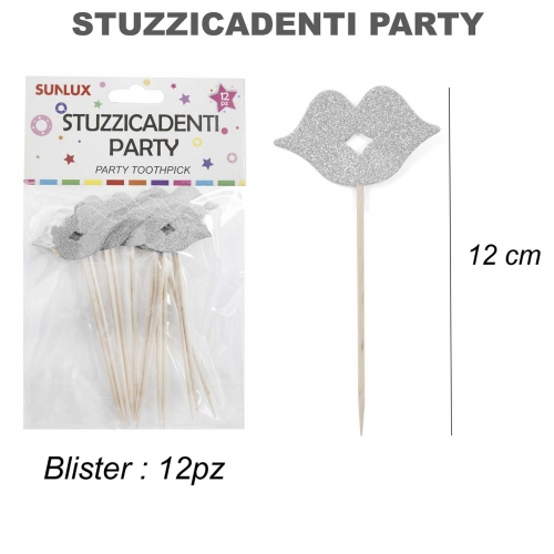 Stuzzicadenti party bocca argentato 12 pezzi 12cm