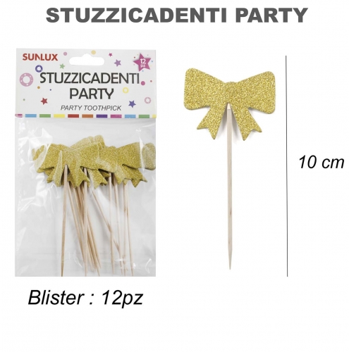 Stuzzicadenti party fiocco oro 12 pezzi 10cm