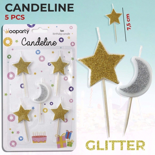 Candeline stelle-luna glitter ass.5 pezzi