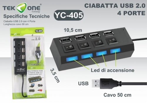 Ciabatta usb 2.0 4 ingressi con interruttore e led di accensione cavo 50cm