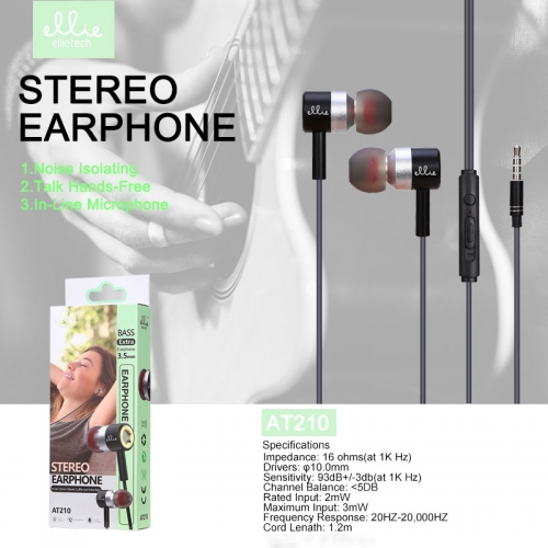 Auricolare in ear extra bass con microfono e regola volume,Oro/Argento/Nero AT210