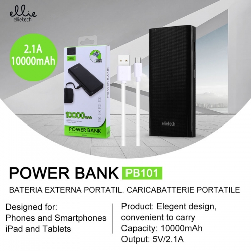 Power bank portatile con cavo 10000mAh 2.1A,Nero/Bianco PB101
