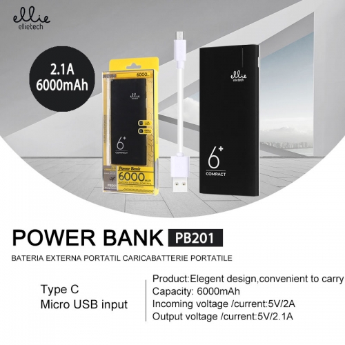 Power bank caricatore portatile 6000mAh 1 presa usb compatibile per la carica veloce Nero/Bianco/Blu/Rosso PB201
