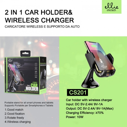 Supporto cellulare per auto con ricarica wireless 2.4A Nero CS201